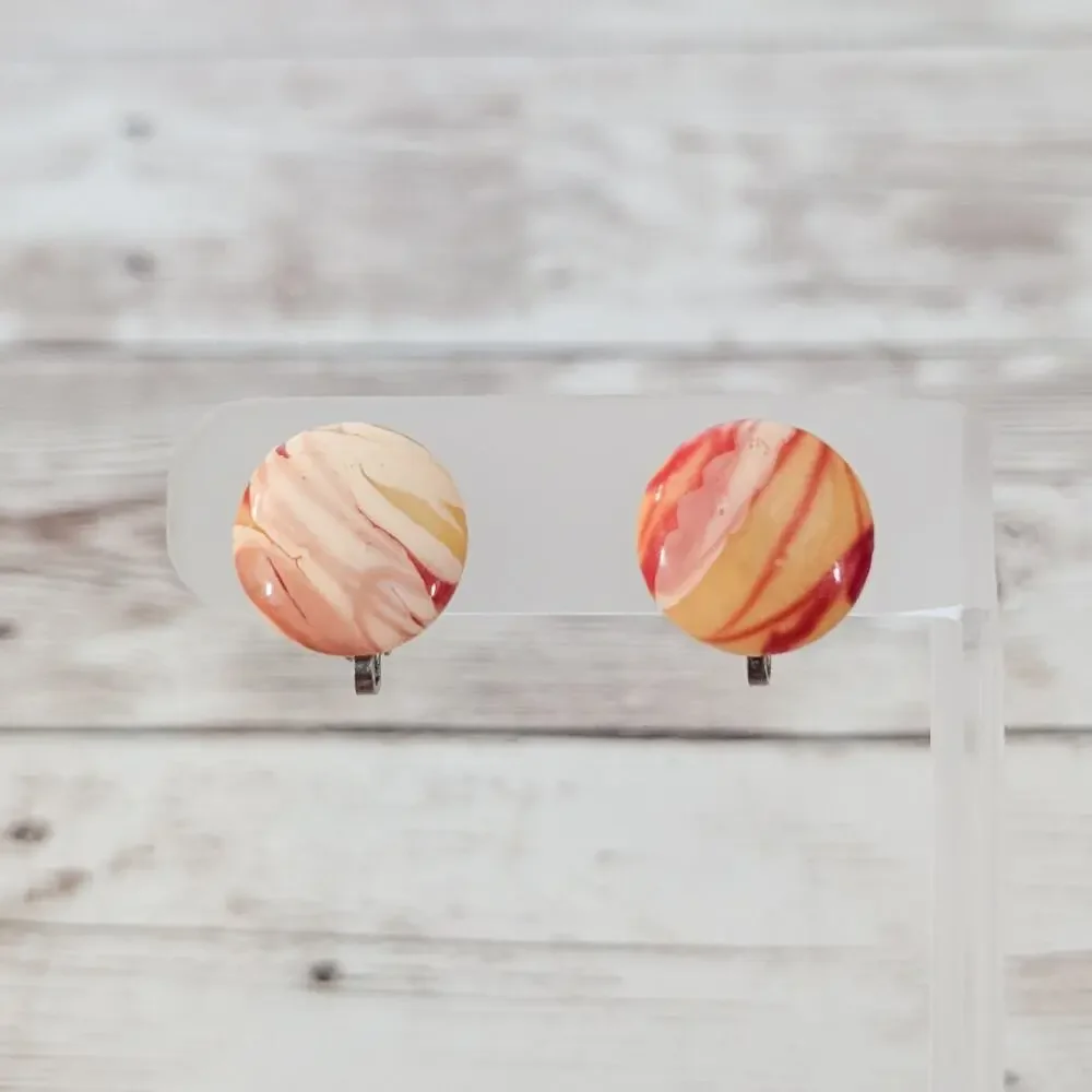 Vintage Clip On Earrings Red & Cream Marbled